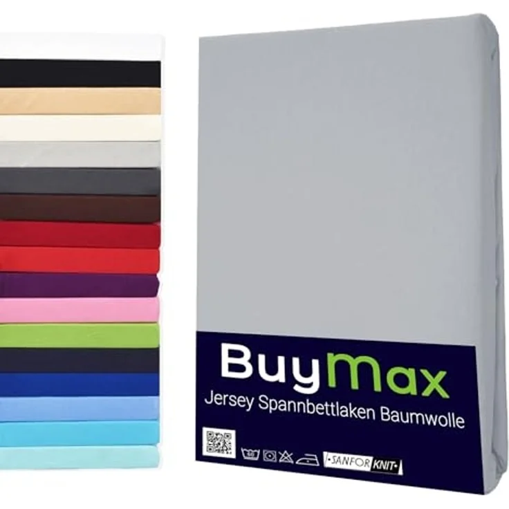 Buymax Spannbettlaken 100x200 cm Baumwolle 100% Spannbetttuch Bettlaken Jersey, Matratzenhöhe bis 25 cm, Farbe Silber – Bild 1