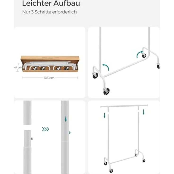 SONGMICS Kleiderständer auf Rollen, Garderobenständer, hochbelastbar, ausziehbare Kleiderstange, bis 130 kg belastbar, 45 x (110-150) x 162,9 cm, aus Metall, verchromt, mattweiß HSR011W01 – Bild 8