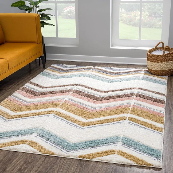 Teppich Wohnzimmer Hochflor - 80x150cm - Pastellfarben - Geometrisch Zick Zack - Muster - Boho - Skandinavisch Flauschig Weich - Schlafzimmer – Bild 1