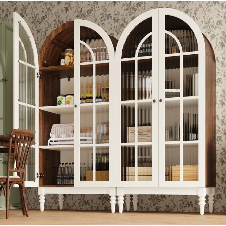 Vitrinenschrank 76 x 38,5 x 165 cm in Weiß mit Bogenfront und Riffelglastüren – Bild 4