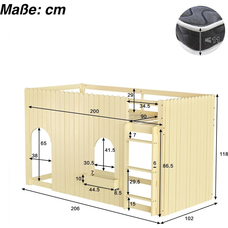 Hochbett mit RGB LED-Beleuchtung, Trittleiter, Rausfallschutz und Regal, 90x200 cm, Kinderbett, Kiefer – Bild 6