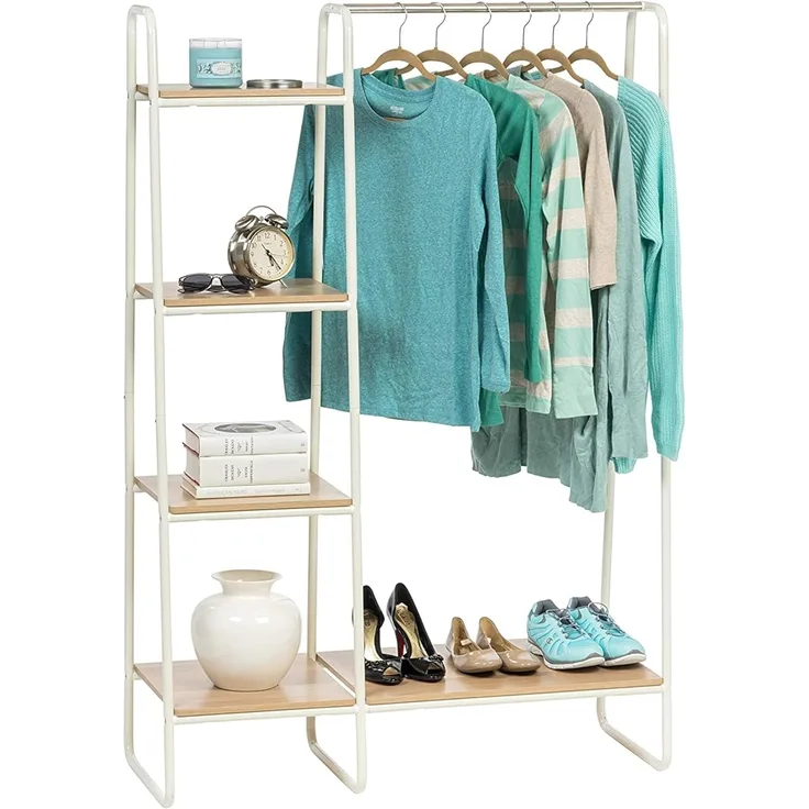 Iris Ohyama Kleiderständer mit Holzregalen, 4 Ebenen, Weiß, Modernes Design, Robuster Rahmen, rutschfest, Für Schlafzimmer, Studio, Schrank, Kleidung & Schuhe, Wäscheständer, Einfacher Aufbau, PI-B3