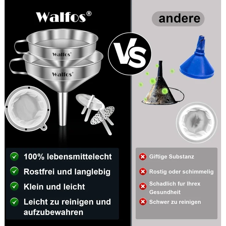 Walfos Trichter Edelstahl 200 Mesh Filter Jam Straining 2 abnehmbaren Sieben – Bild 2