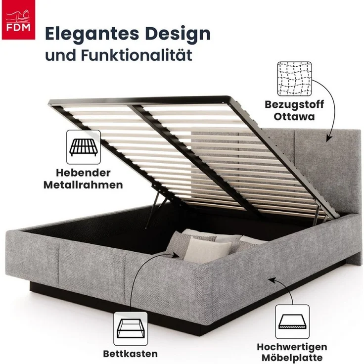 FDM Polsterbett ALMADA modern mit Bettkasten MADE IN EU - mit Ottawa Bezug (verfügbar 90x200 120x200 140x200 160x200 180x200cm, Bettrahmen, Bett, mit großen gepolsterten Kopfteil, mit Bettkasten zum aufklappen), Hebbarer Metallrahmen, Bettkasten – Bild 2