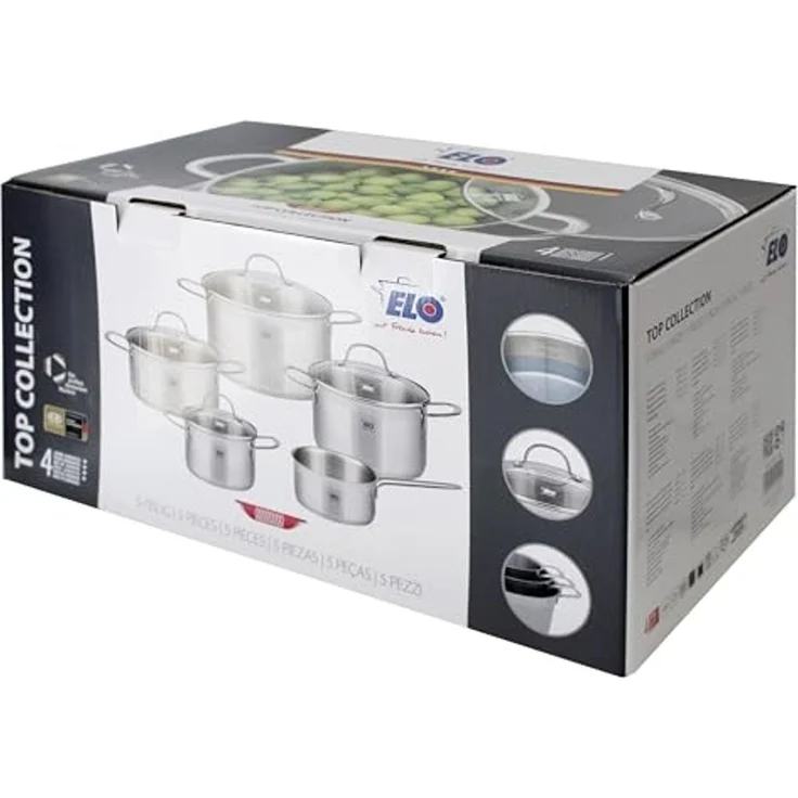 Elo Topf-Set Top Collection, Edelstahl 18/10 (Set, 9-tlg, je 1 Fleischtopf 16/20/24 cm, Bratentopf 20 cm, Stielkasserolle 16 cm), Induktion – Bild 4