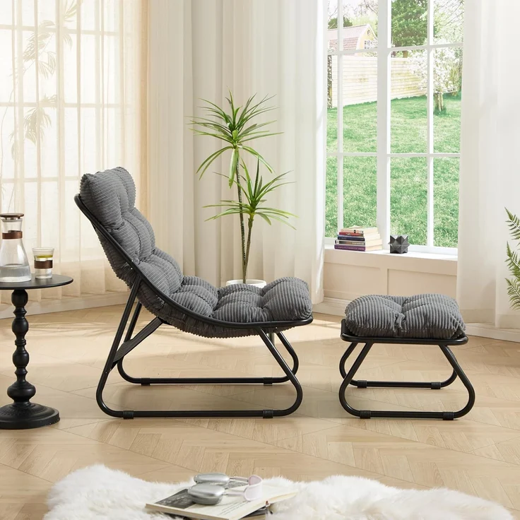 LVHOM Sessel mit Hocker, Gepolsterter Loungesessel aus Cord mit Metallgestell, ergonomischer Relaxsessel für Wohnzimmer und Schlafzimmer, Grau – Bild 4