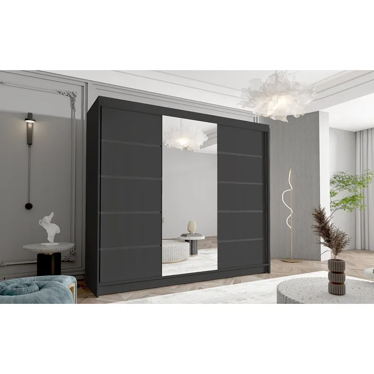 Sofnet Kleiderschrank Davos VI (mit Spiegel, Schiebetüren und Kleiderstange) Schwebetürenschrank mit 3 Türen, Schiebetürenschrank - 250x215x58 cm