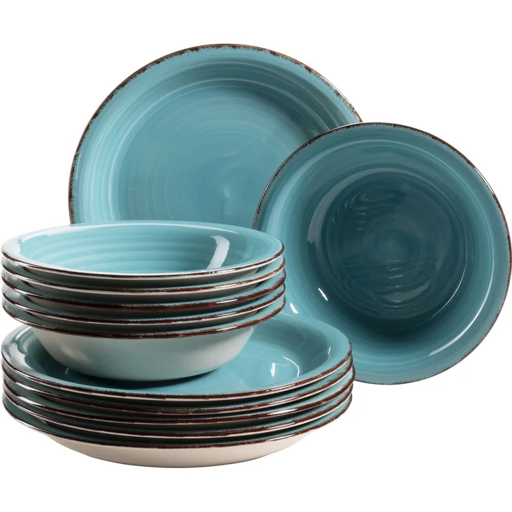 Mäser 931497 Lumaca Teller-Set für 6 Personen im modernen Vintage Look, Tafelservice, handbemalt, Steingut, türkis, 12-teilig (1 Set)