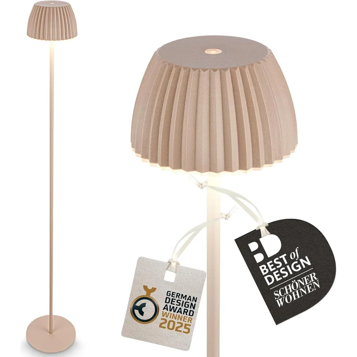 BRILONER - Riffle LED Stehlampe kabellos IP44 mit Touch, 19x124 cm, dimmbar, Memoryfunktion, Akku tauschbar, Akku Stehleuchte, Leselampe, Wohnzimmerlampe, German Design Award Winner 2025, Beige – Bild 1