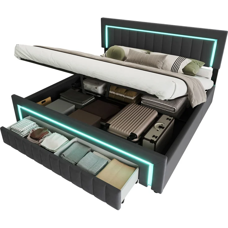 Polsterbett 180x200 cm mit LED-Beleuchtung, Samtbezug und Schubladen, Dunkelgrau – Ohne Matratze – Bild 10