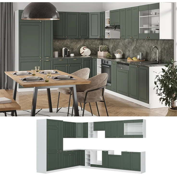 Eckküche Fame-Line Grün-Gold Landhaus/Weiß 347 x 257 cm ohne Arbeitsplatte Vicco – Bild 2