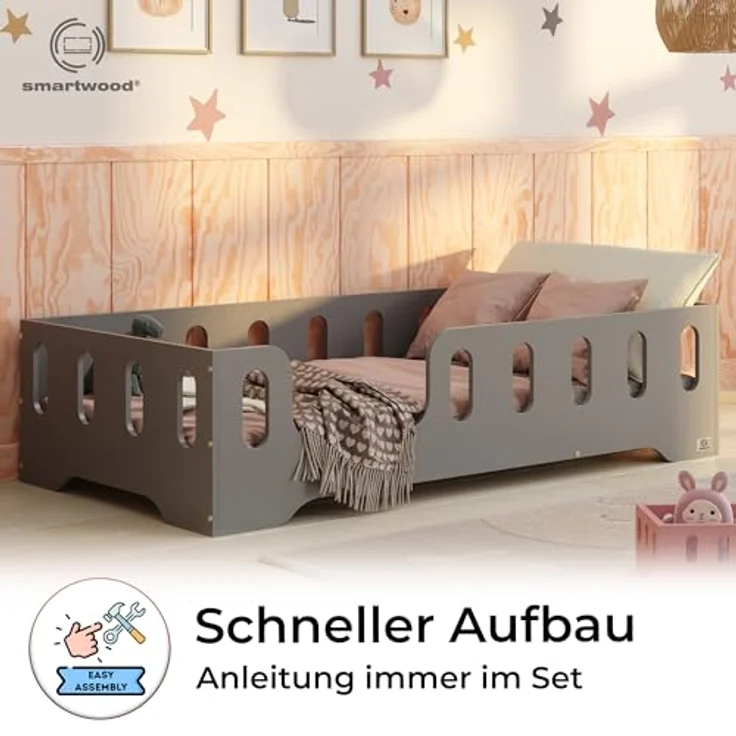 smartwood Kinderbett Bodenbett 60x120 mit Rausfallschutz & Lattenrost - Grau - Kinder Montessori Bett TILA 2L mit glatten Kanten - Betten für schnelle Montage - Bis 230 kg belastbar – Bild 5