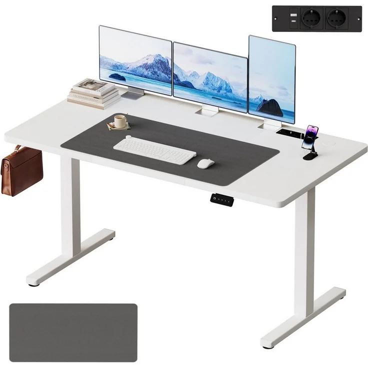 HOMALL Schreibtisch Höhenverstellbarer schreibtisch Mit Steckdose,18 mm Tischplatte (Großzügige Arbeitsfläche:120/140/160x70 cm,Inklusive gratis Desk-Pad,mit 2 Steckdosen & 2 USB-Anschlüssen, Memory-Funktion, LED-Display) – Bild 1