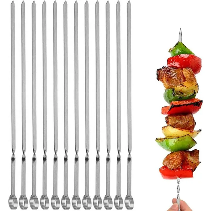 12-teiliges Edelstahl-Grillspieß-Set, flach, wiederverwendbar, 39 cm