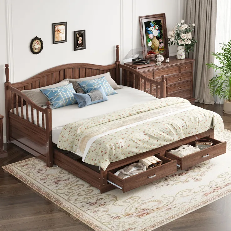 Bett 90x190 cm aus Massivholz mit Ausziehfunktion und Stauraum – Nussbaum