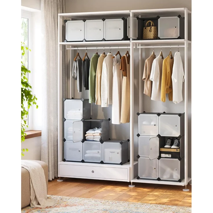 Songmics Regalsystem, Schuhregal, Set aus 16 Würfeln, Kleiderschrank aus Kunststoff, mit Türen, Steckregal, Aufbewahrung von Kleidung, Schuhen und Büchern, einfache Montage, grau LPC443G01 – Bild 4