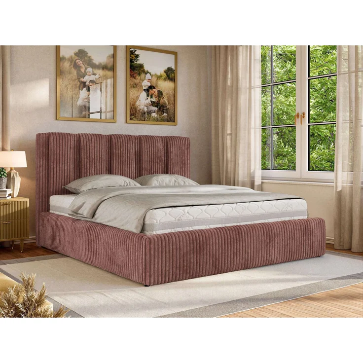 Polsterbett SAVINO CLASSIC mit Bettkasten und Lattenrost Doppelbett 160 x 200 cm mit hohem Kopfteil Stauraumbett Bett mit Gasdruckfeder - Rosa Cord - Multipocket Matratze - ELORI LUX – Bild 1