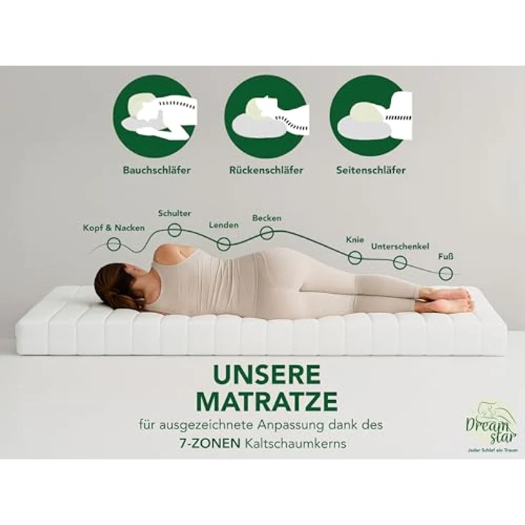 DREAMSTAR Easy Flex | ergonische 7-Zonen Kaltschaummatratze | Öko-Tex Zertifiziert | Härtegrad 2 und 3 (H2 & H3) | Rollmatratze 21 cm | Made in EU I 140x200 cm – Bild 6