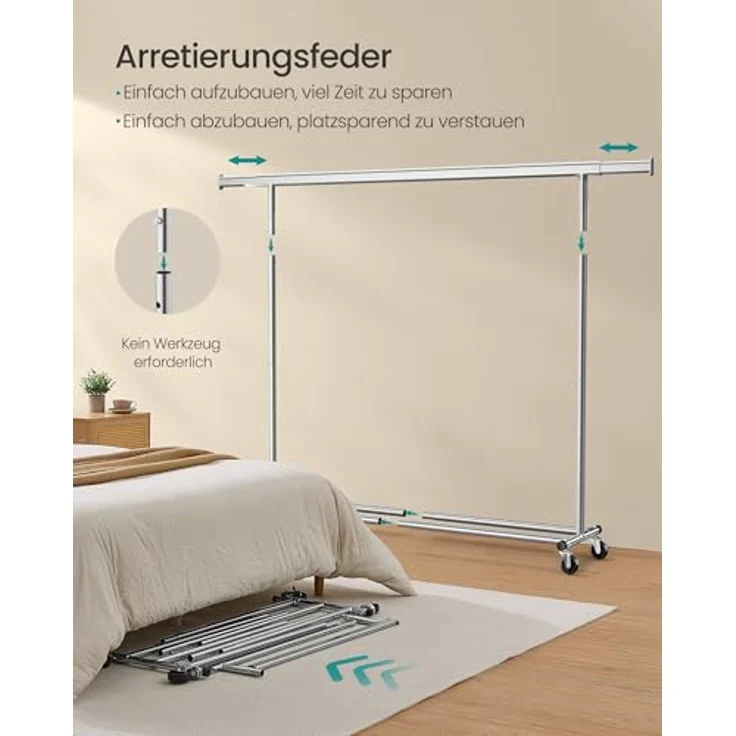 SONGMICS Kleiderständer auf Rollen, Schwerlast-Garderobenständer, ausziehbare Kleiderstange, bis 150 kg belastbar, einfache Montage, transportabel, silbern HSR175E01 – Bild 6