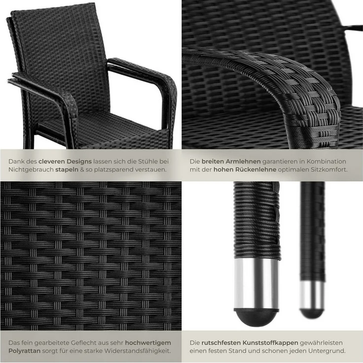 tectake Rattanstuhl Gartenstuhl Girona, stapelbar, Belastbarkeit 120 kg, 58 x 67 x 90 cm (Set, 6 St), Pulverbeschichtetes Stahlgestell für enorme Stabilität – Bild 3