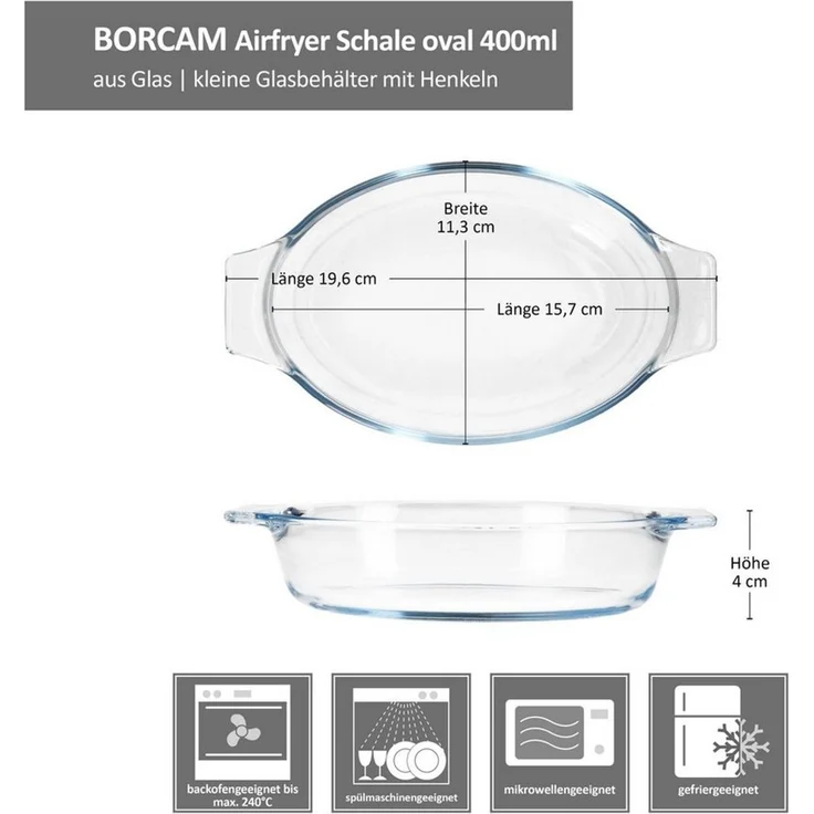 MamboCat Auflaufform 6x Borcam Airfryer Schalen oval Glas 400ml Auflaufform Backform Kuchen, Glas – Bild 4