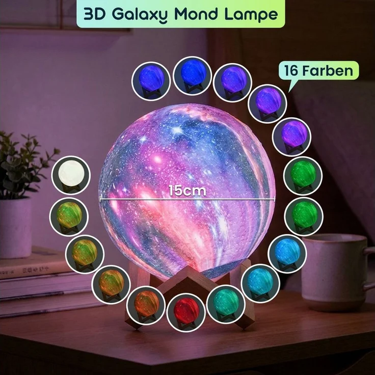 Casativo Nachtlicht 3D Galaxy Mond Lampe 15cm: 16 Farben, dimmbar, Fernbedienung & Holzfuß, Akku Nachtlicht & Deko – Bild 2