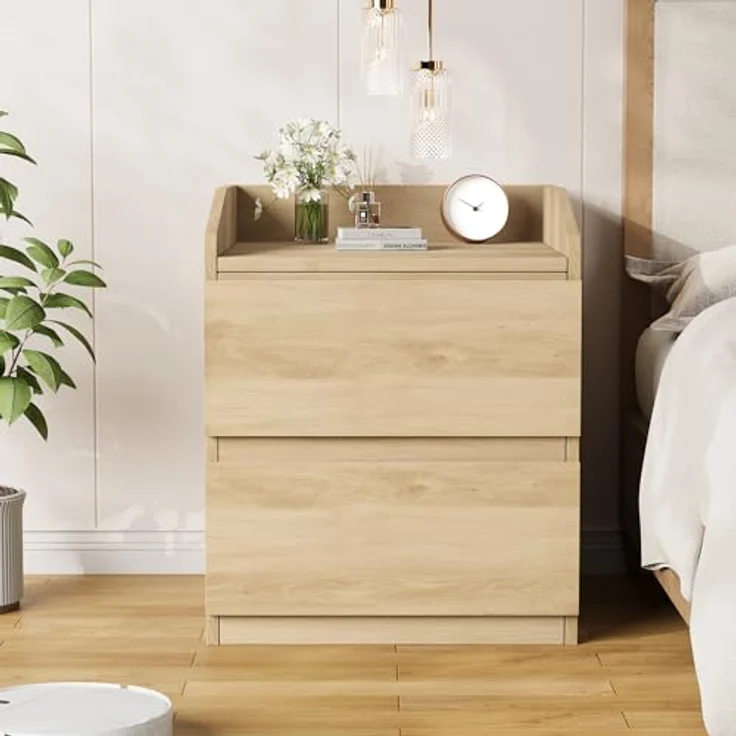 GarveeHome Nachttisch Mit 2 Schubladen, Moderner Beistelltisch, Nachttisch Aus Hellem Holz, Griffloses Design, Aufbewahrungsmöbel Für Das Schlafzimmer Und Das Wohnzimmer – Bild 7