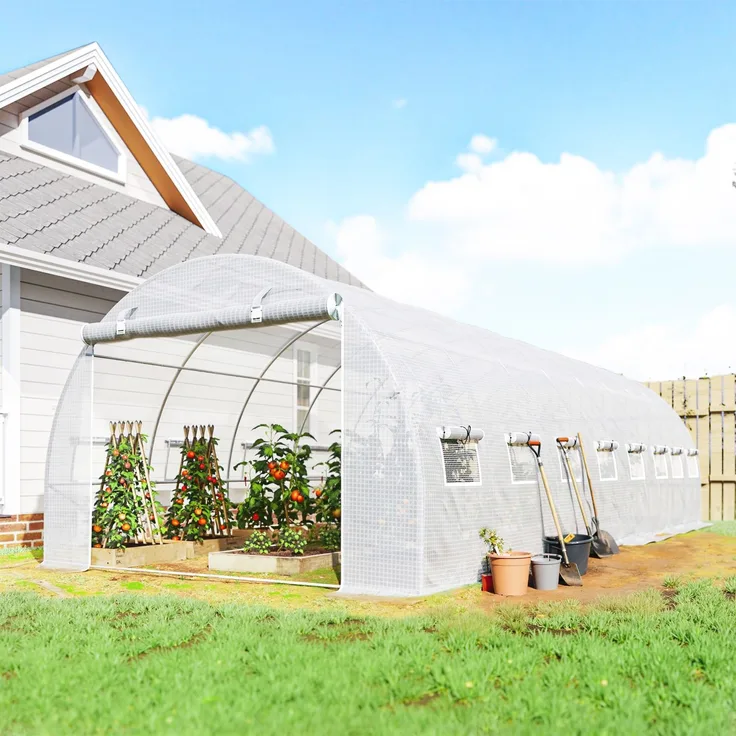 Wohnora-24 m² Tunnelgewächshaus (8 m L x 3 m B x 2 m H) – 16 Fenster, verzinktes Stahlrolltor mit Reißverschluss, PE-Abdeckung, weiß,H 2000cm x T 1190cm x B 3000cm