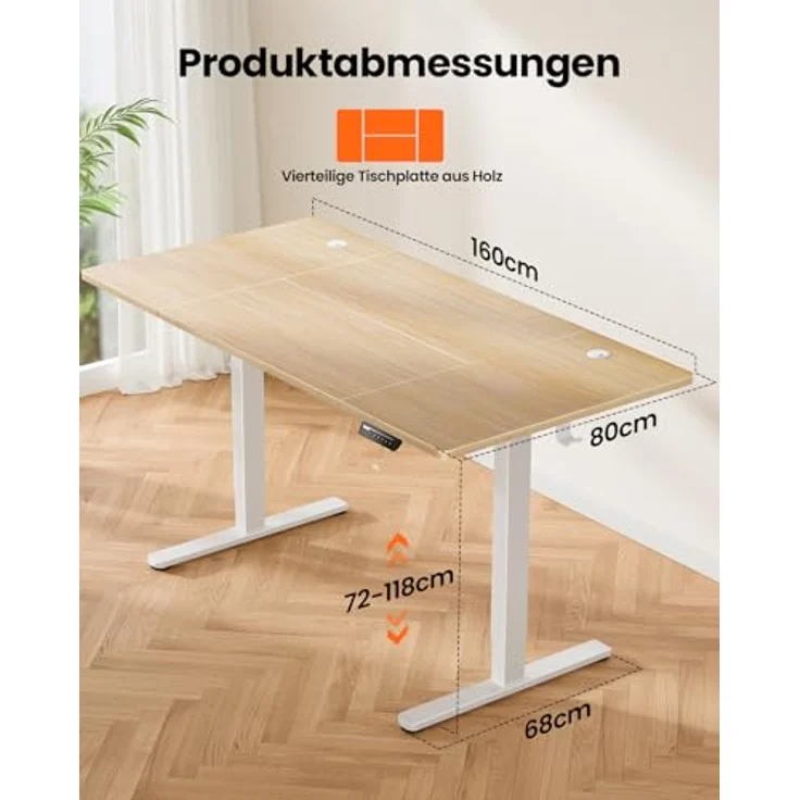 ErGear Elektrisch Höhenverstellbarer Schreibtisch 160x80 cm, Schreibtisch Höhenverstellbar mit 4 Memory-Funktion, Gaming Tisch mit Vierteilige Tischplatte – Bild 7