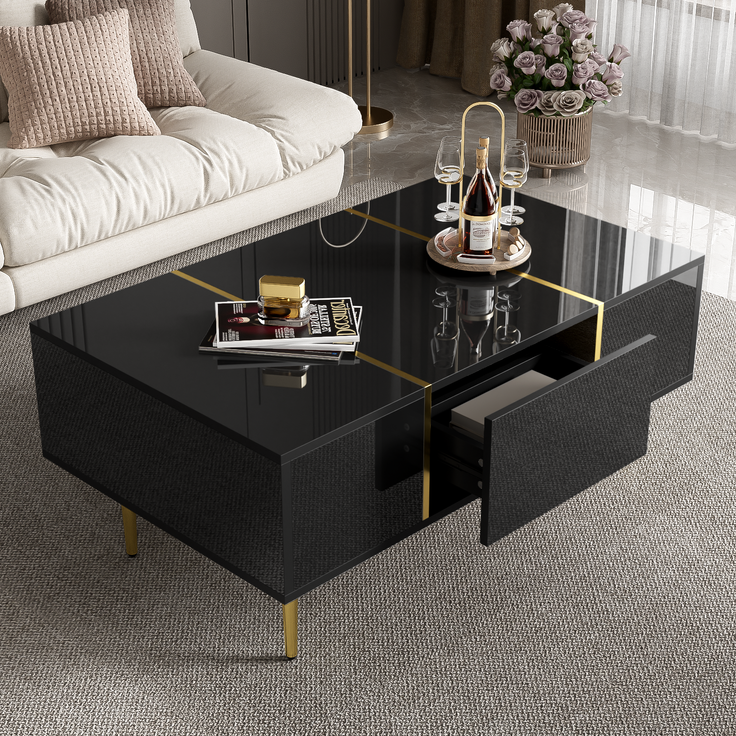 Couchtisch Schwarz Hochglanz mit Gold Akzenten,Sofatisch mit 2 Schubladen Stauraum – Bild 7