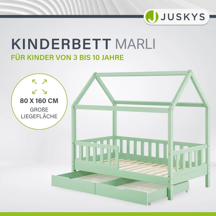 Juskys 'Marli' Kinderbett, mit Matratze, Bettkasten, Rausfallschutz, Lattenrost & Dach - Massivholz Hausbett für Kinder - Bett in Mint, 80x160 cm – Bild 2