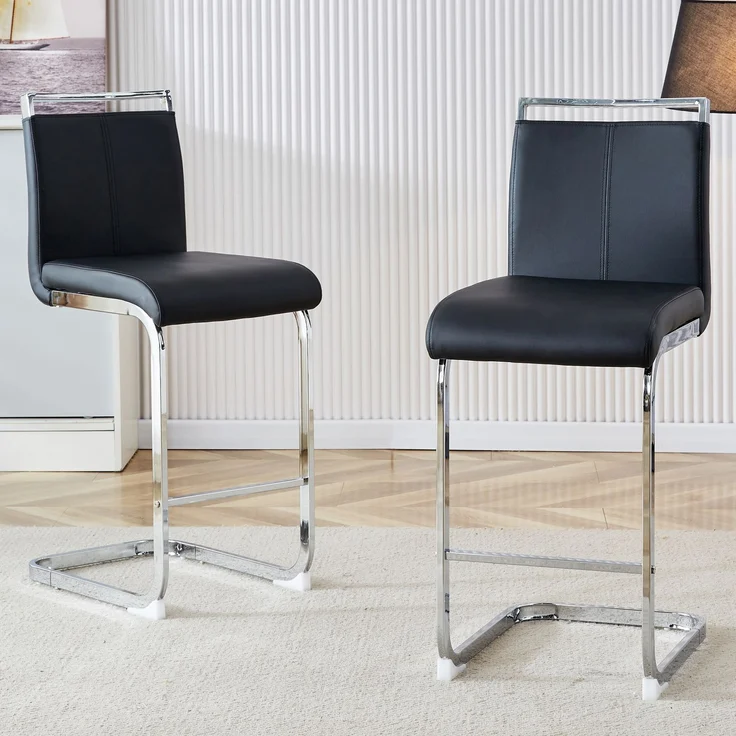 Zwei hohe schwarze Barhocker im nordischen Stil, geeignet für Restaurants, Küchen, Terrassen und Gäste Bürostühle (Set von 2) (‌Schwarz+PU)Geeignet für mehrere Gelegenheiten.--Schwarz+Silber--96.5x46.5x38.9cm--YOUDENOVA – Bild 1