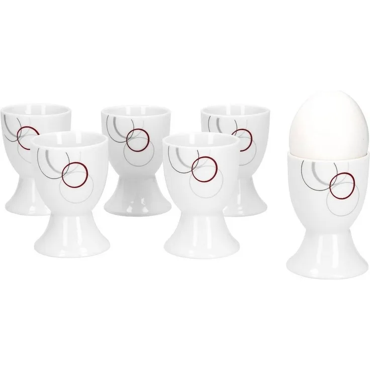 6er Set Eierbecher Palazzo 4,8cm - aus weißem Porzellan mit Dekor-Kreisen in grau und dunkelrot