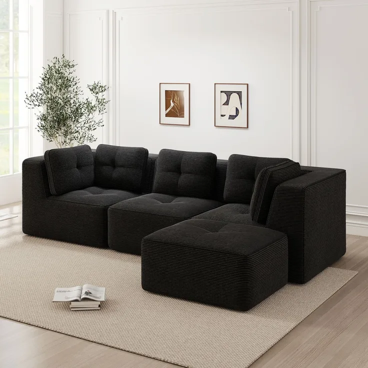 EINHOM Rahmenloses L-förmiges Ecksofa, modulares Ecksofa, Ecksofa mit Ottomane, modulares Cordsofa, Dreisitzer-Cordsofa mit tiefer Sitzfläche für das Wohnzimmer, kein Aufbau erforderlich, Schwarz