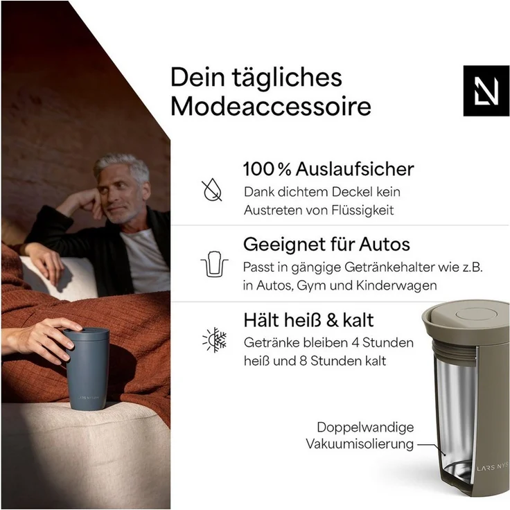 LARS NYSØM Thermobecher Vågen, 1-tlg, Thermobecher mit Vakuum Isolierung: 4 h heiß / 8 h kühl – Bild 2