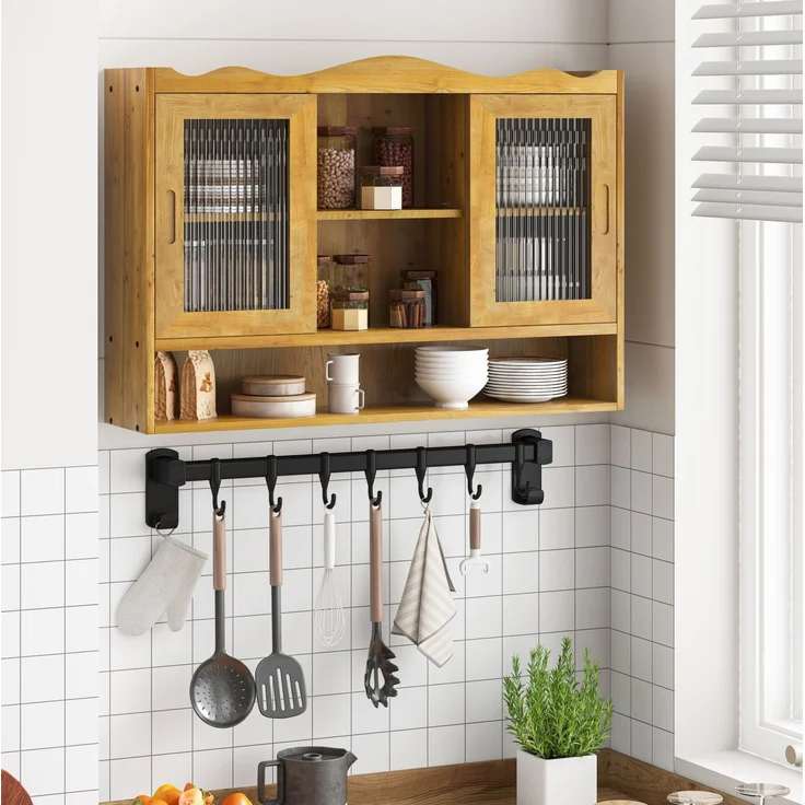 DESVIAE Sideboard mit 2 Schiebetüren 90x60x20 cm aus Massivholz und Glas, Natur – Bild 2