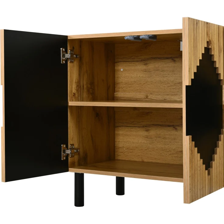 DESVIAE Sideboard Natur/Schwarz aus MDF/Spanplatte – 140x70x40 cm – 2 Türen, Push-Open – Bild 9