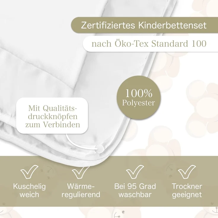 KiGATEX Kinderbettdecke + Kopfkissen 4-Jahreszeiten Bettdecken Set mit Bärchensteppung 40x60 + 100x135 cm, Füllung: 100% Polyester, Klimafaser, Schlafkomfort für jede Jahreszeit – Bild 3