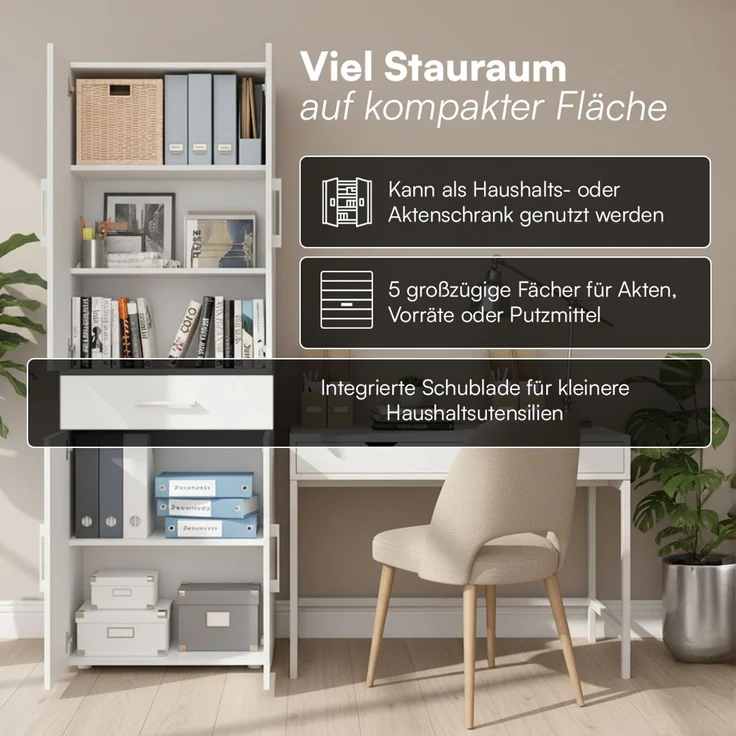 Bellamio 'Apol' Mehrzweckschrank, weiß, 176x33x60 cm, Aktenschrank mit Schublade und 5 Ablagefächern – Bild 7