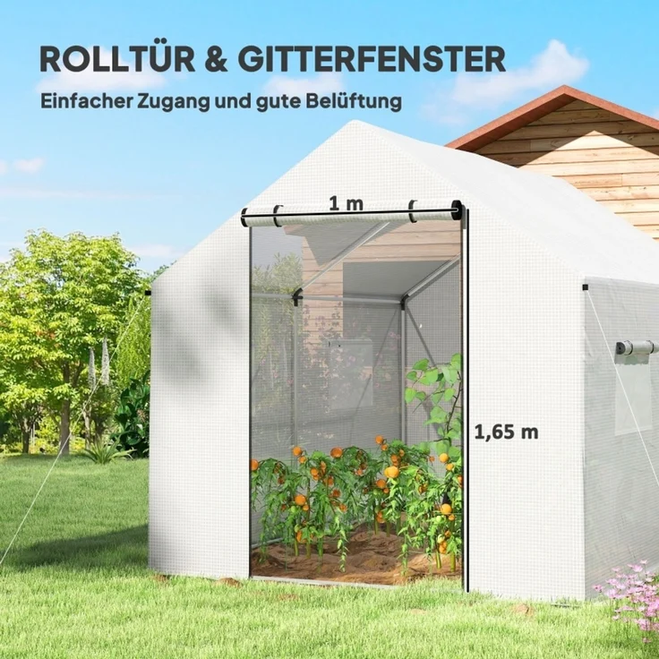 Wohnora-Gewächshaus 3 x 2 x 2 m Foliengewächshaus mit 4 Mesh-Fenster, Breiter Rollbar Reißverschlusstür Moskitonetz UV-beständig,H 200cm x T 300cm x B 200cm,Weiß – Bild 5