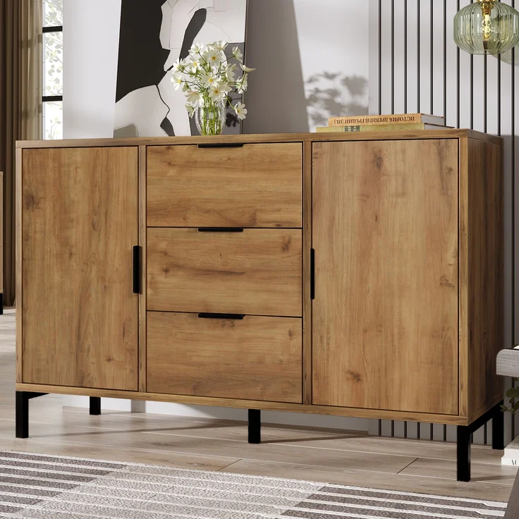Türkommode mit 3 Schubladen in dunkler Eiche, Sideboard Industrial Design, Aufbewahrungsschrank mit höhenverstellbarem Fachboden – Bild 6