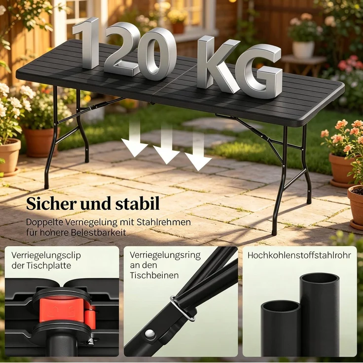 Klapptisch 180 x 74 x 70 cm in Schwarz – faltbarer Gartentisch aus HDPE und Metall für 8 Personen – Bild 6