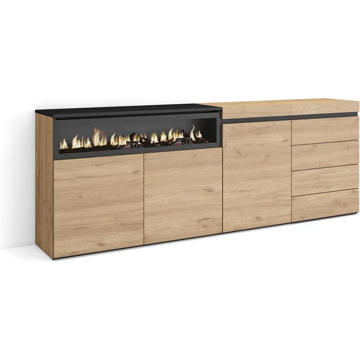 Skraut Home | Sideboard, Kommode | Aufbewahrungsschrank | 207 x 75 x 35 cm | Für Schlafzimmer, Zimmer | Elektrokamin. | Kommode mit Schubladen | Moderner Stil | Eiche