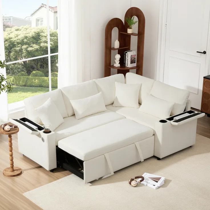 Ecksofa, L-förmiges ausziehbares Canapé Convertible mit Stauraum Becherhalter USB-Ladeanschluss Armlehnenablage und zwei Kissen Sofa für Wohnzimmer Gästezimmer Heimkino und Apartment, Stoff, Beige