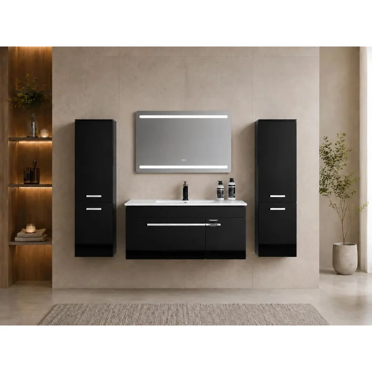 Faizee Home Badmöbelset 90 cm Schwarz Hochglanz inkl. Keramik-Waschbecken, LED-Spiegel & 2x Seitenschränke – Bild 1