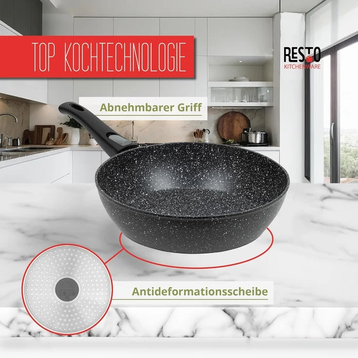 RESTO Kitchenware Bratpfanne Leo, Wokpfanne mit vierschichtiger Marmor-Antihaftbeschichtung, Aluminium (1-tlg), mit einem abnehmbaren Griff - backofenfest, spülmaschinenfest – Bild 3