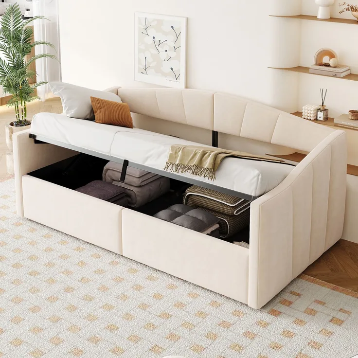 Polsterbett Schlafsofa, Samt mit Stauraum & Lattenrost, 90x200 cm, Beige, ohne Matratze