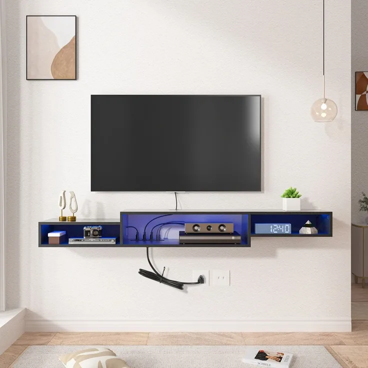 FABATO schwebender TV-Schrank 180 cm mit LED-Beleuchtung & Steckdosen – Modernes TV-Board mit Staufach für Wohnzimmer in Schwarz