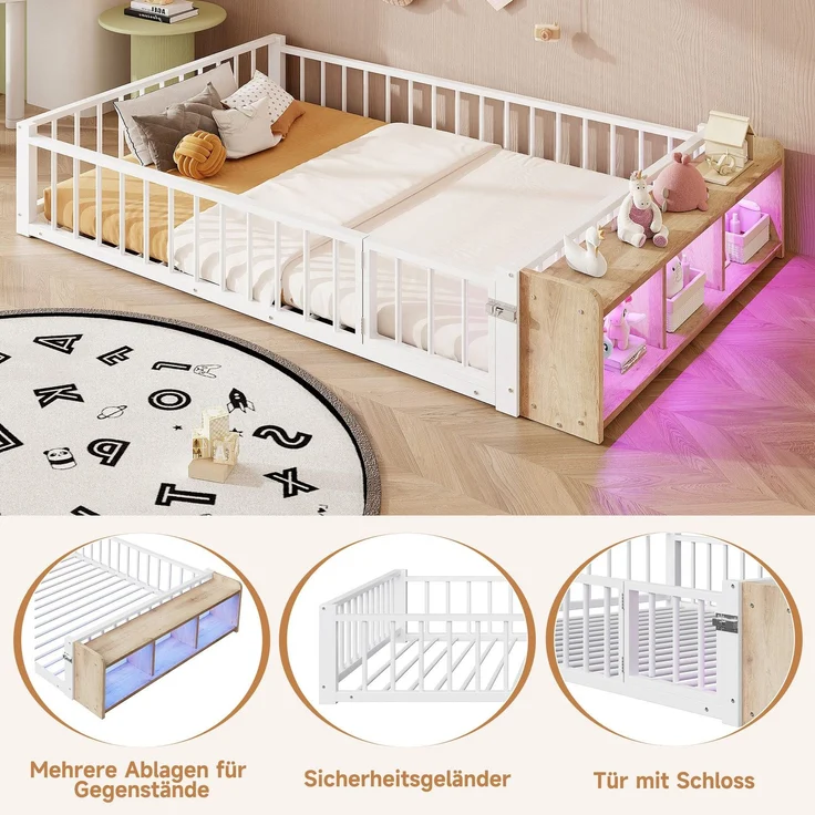 Kinderbett mit LED-Streifen, Regal, Zaun, Lattenrost und Tür, 140x200 cm, Einzelbett mit Rausfallschutz, Metallbett – Bild 5