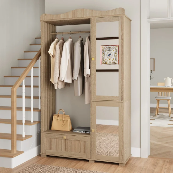 Garderobenschrank mit Spiegel & Offener Kleiderständer – ,Kompaktgarderobe,Praktische Aufbewahrung mit Schublade & 2 Türen, Ideal für Schlafzimmer & Flur--Eiche--115.5x38.5x194.5cm--YOUDENOVA – Bild 5